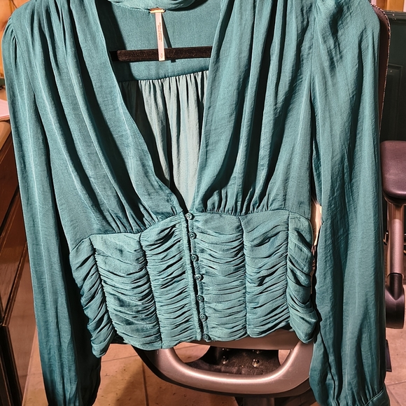 Free People Teal Women's Tie-Front Blouse - Picture 3 of 13